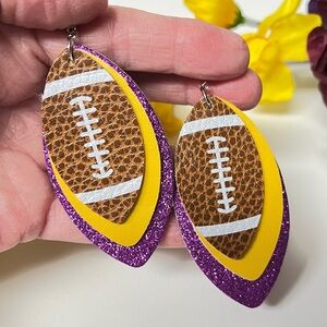 Football earrings faux leather, 3 layer, Teardrop shape. 3” top of ear hook. NIP